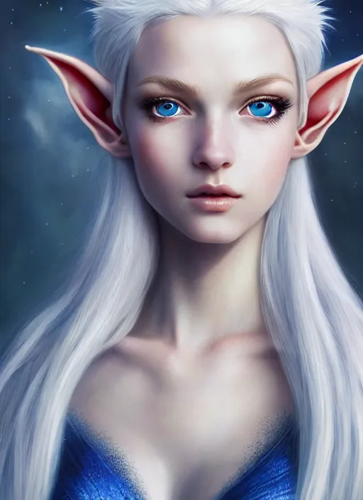 Prompt: a beautiful portrait, white background, gorgeous fantasy elf. professionally retouched, soft lighting, realistic, smooth face, gorgeous blue eyes, long white hair, cute ears, wide angle, sharp focus on the eyes, 8 k high definition, insanely detailed, intricate, elegant, gorgeous, art by artgerm and wlop