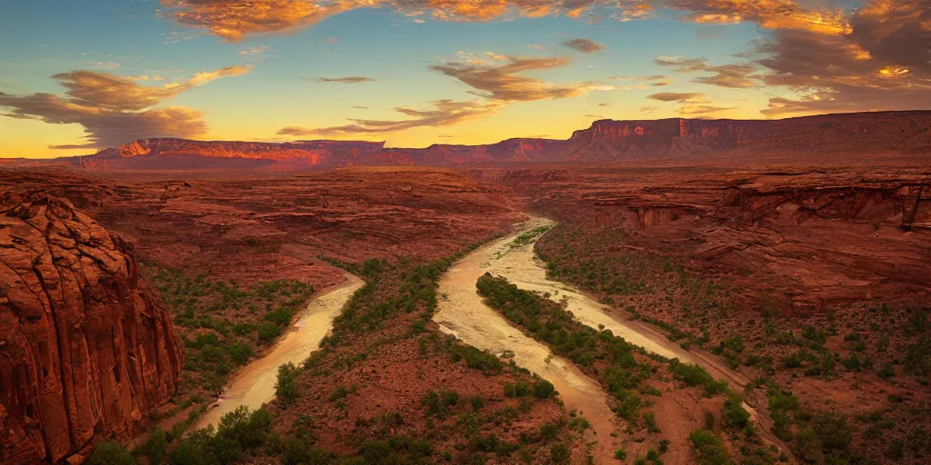 Image similar to “a river bend running through a canyon surrounded by desert mountains at sunset, moab, utah, a tilt shift photo by Frederic Church, trending on unsplash, hudson river school, photo taken with provia, national geographic photo”