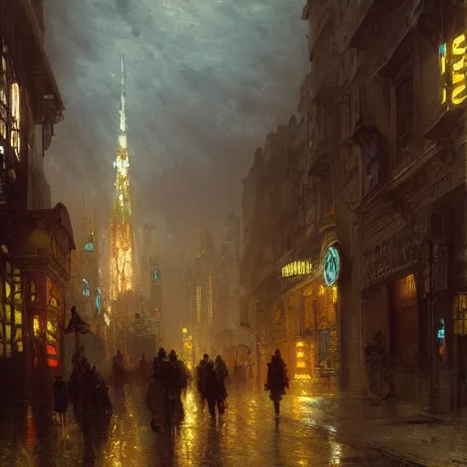 Image similar to detailed painting of a cyberpunk street in 1 9 4 0, exterior, floral ornaments, volumetrics lights, beam of bright lights through the clouds, andreas achenbach