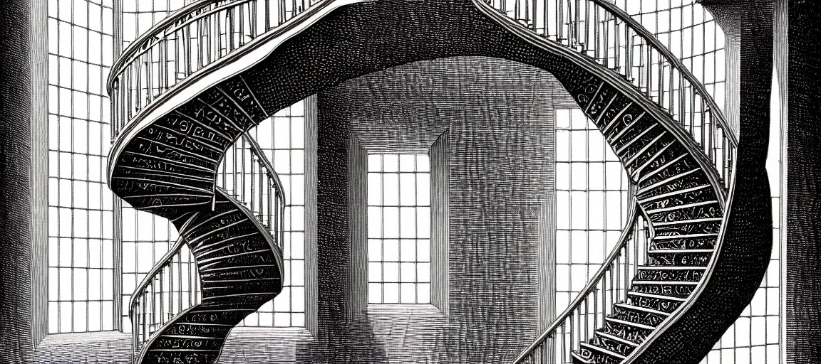 Prompt: a spiral staircase inside a tall circular tower. engraving by gustave dore, kentaro miura. extremely high details, masterpiece, artstation contest winner, black and white, smooth lines, realism, realistic