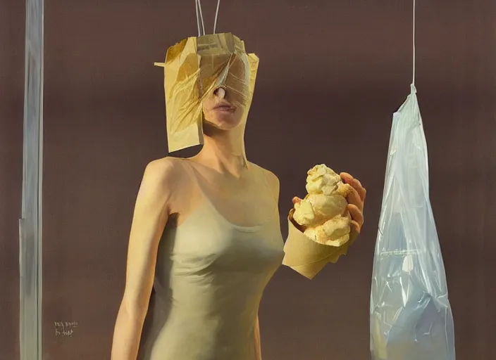 Image similar to woman in a translucent dress made from plastic bag holding ice cream with paper bags for clothes standing inside paper bags with paper bag over the head at store display Edward Hopper and James Gilleard, Zdzislaw Beksinski, highly detailed