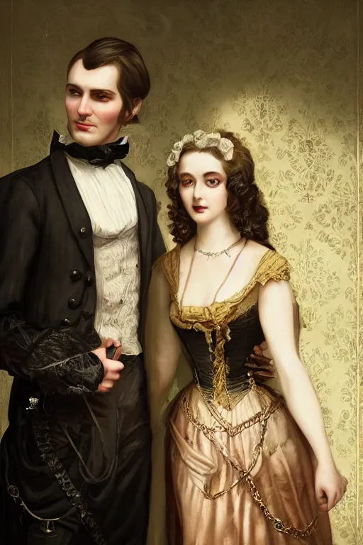 Image similar to a portrait of handsome young evil male Satan and his elegant beautiful wife, bored, Dressed in Victorian fashions, illustration, soft lighting, soft details, painting oil on canvas, octane render, HDR, 4k, 8k, HD, by Edmund Blair Leighton, Brom, Charlie Bowater, trending on artstation,