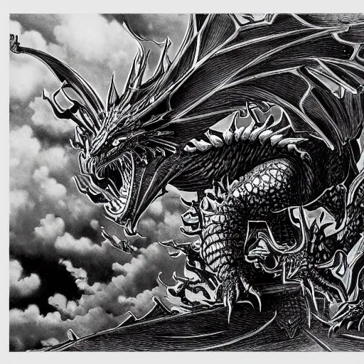 Image similar to Automaton fire dragon spirit, drawn by Kentaro Miura, ink, manga, maximalist, high detail, 8k