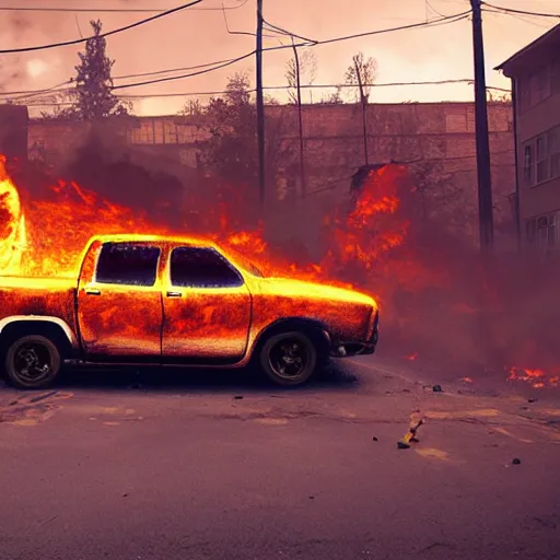 Prompt: photograph of a rusty dodge ram on fire in the street by simon stalenhag