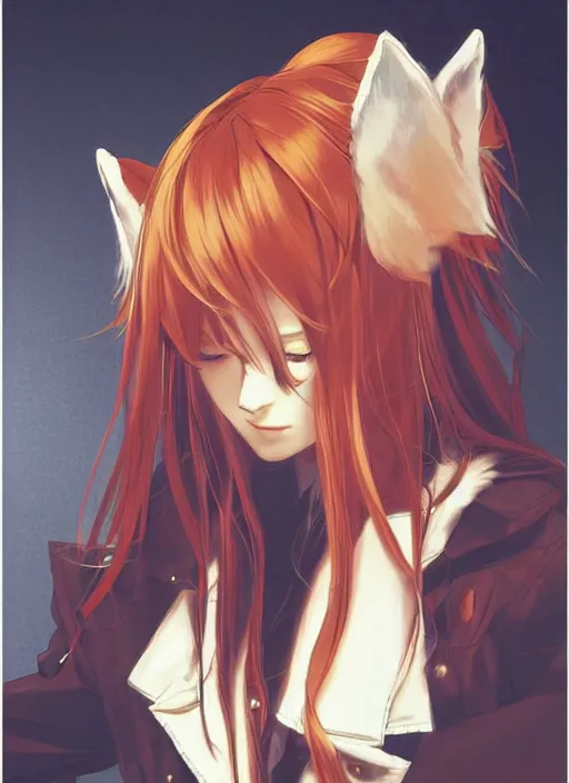 Image similar to portrait illustration by shigenori soejima, beautiful girl with fox ears, focus on face, pretty, cinematic lighting, painterly, long wavy orange hair, light brown trenchcoat