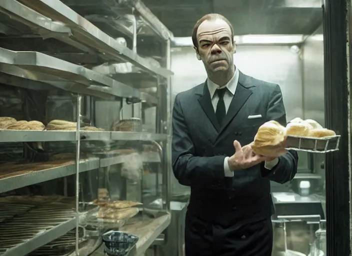 prompthunt: film still of young hugo weaving as agent smith working in a  bakery in the new matrix movie, 4 k