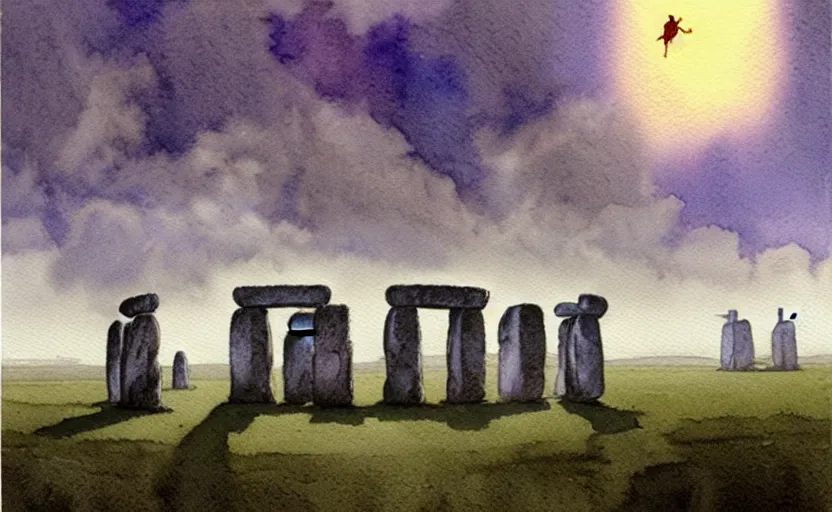 Image similar to a hyperrealist watercolour character concept art portrait of one small grey medieval monk pointing up in the air in front of a floating portal above a complete stonehenge monument on a misty night. a ufo is in the sky. by rebecca guay, michael kaluta, charles vess and jean moebius giraud