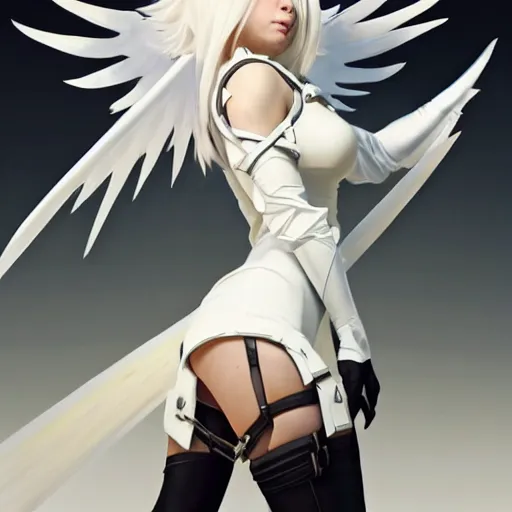 Prompt: greg manchess painting of a 2 yorha type a no. 2 as mercy from overwatch!!, white long hair, large white wings, organic painting, trending on artstation, by huang guangjian and gil elvgren and sachin teng