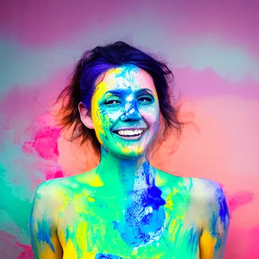 Image similar to a fullbody potrait photo of a female smiling, painted her body with ultraviolet paint, 5 0 mm lens, f 1. 4, sharp focus, ethereal, emotionally evoking, head in focus, volumetric lighting, 8 k