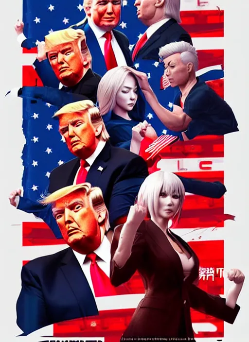 Prompt: donald trump!!!! martial artist!! movie poster, character concept art, sharp focus, octane render! unreal engine 5! highly rendered!! trending on artstation!! detailed linework!! illustration by artgerm, wlop, and chie yoshii