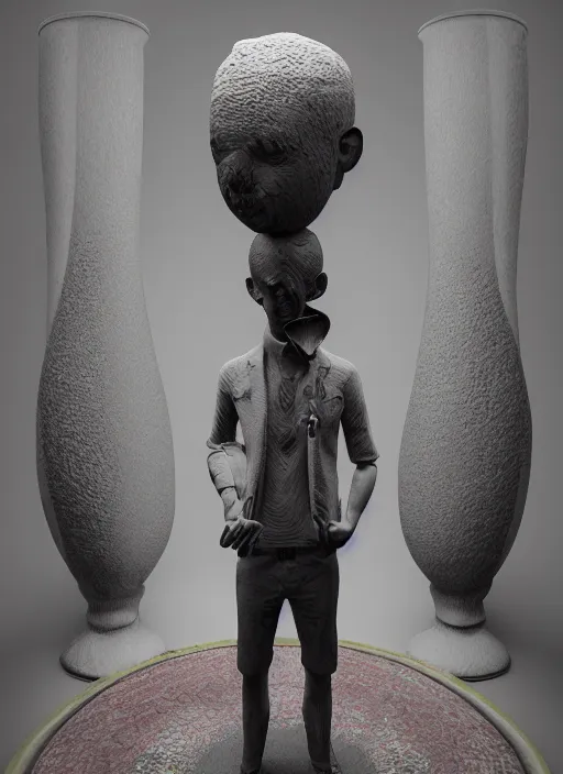 Image similar to a sculpture of a man standing next to a tall vase, a raytraced image by Hikari Shimoda, polycount, video art, vray tracing, ray tracing, rendered in unreal engine