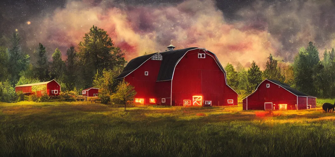 Prompt: full portrait of farm, a rave is in the forest behind the red barn, smoke, lights, night, colorful, happy, insanely detailed, photorealistic, cinematic, dramatic lighting,