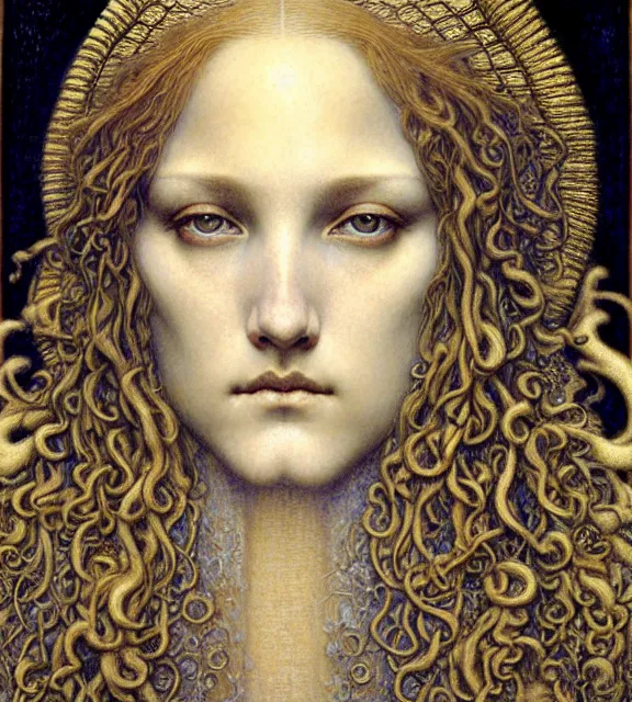 Image similar to detailed realistic beautiful young medieval queen face portrait by jean delville, gustave dore and marco mazzoni, art nouveau, symbolist, visionary, gothic, pre - raphaelite. horizontal symmetry