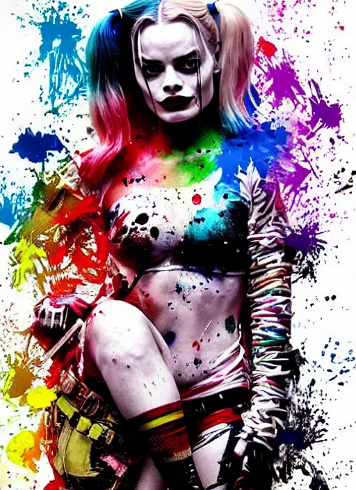 Prompt: beautiful suicide squad happy margot robbie that looks like harley quinn, splatter abstract portrait, watercolor, style by simon bisley, ismail inceoglu, wadim kashin, filip hodas, benedick bana, and andrew atroshenko.