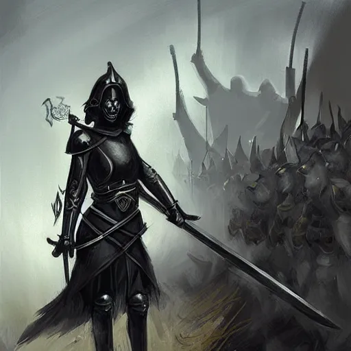 Prompt: a girl in black armor holding a scythe, medieval soldiers marching, dark fantasy concept art, by andreas rocha