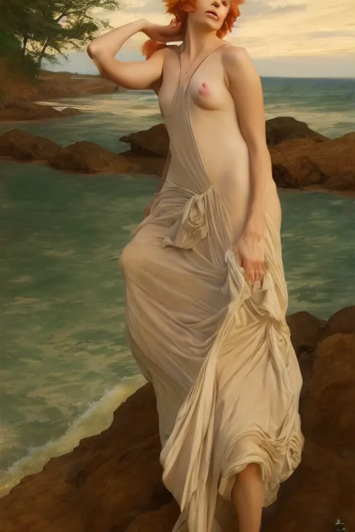 Image similar to a beautiful annie leonhart wearing a dress emerging from the water, oil on canvas, sensuality, artstation, by j. c. leyendecker and edmund blair leighton and charlie bowater, shot on sony a 7 iii