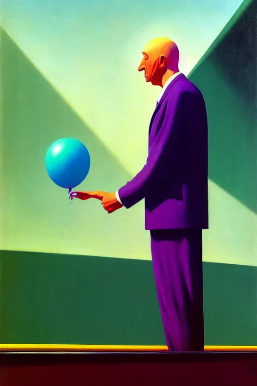 Prompt: a man holding purple balloon on his hand, standing outside of a bus, edward hopper and james gilleard zdzislaw beksisnski higly detailed