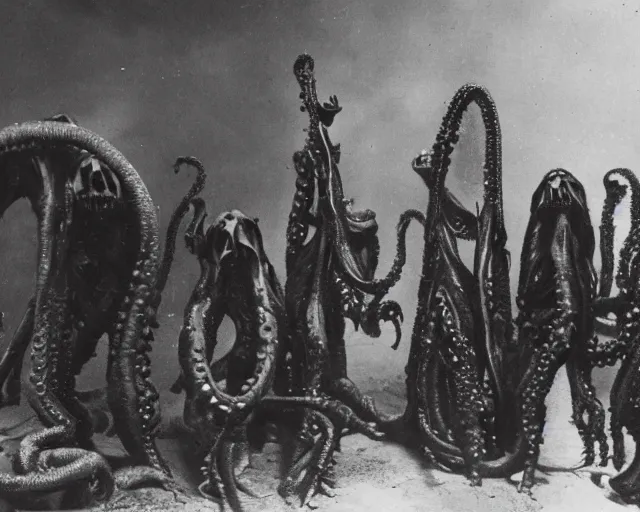 Prompt: historic photo of lovecraftian eldritch abominations