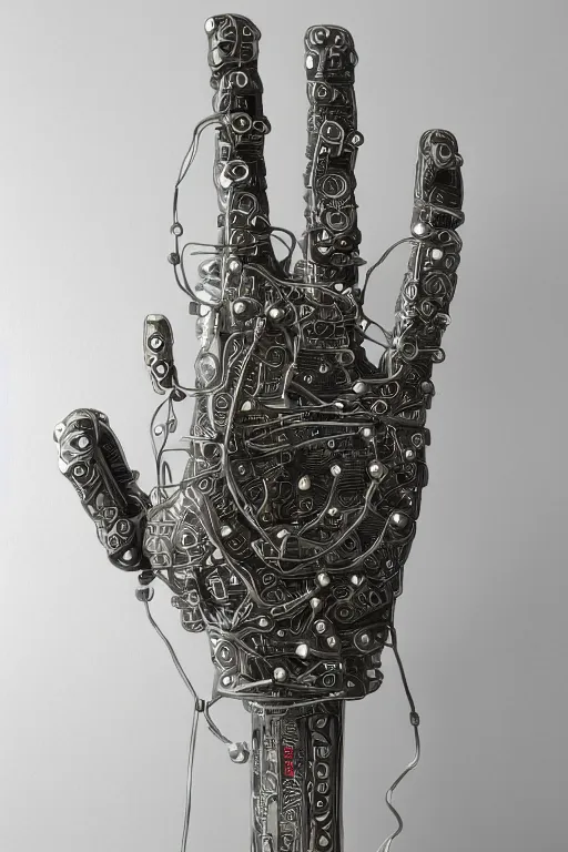 Image similar to cybernetic robotic hand made of engraved ceramic, wires and circuitry, engraved in sanskrit writing