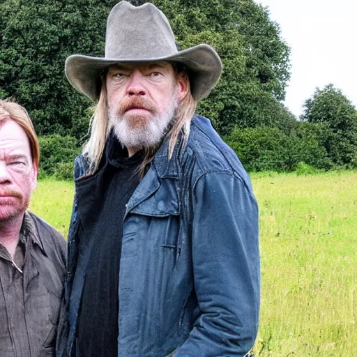 Prompt: Ian Beale being stalked by noel Edmunds in a field in england