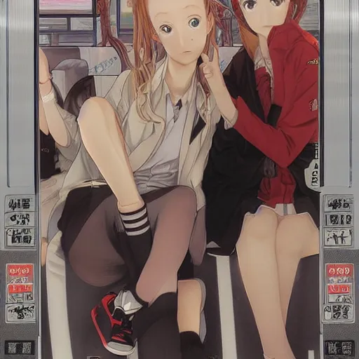 Image similar to two Japanese high school girl ,bus ,by Range Murata and mucha