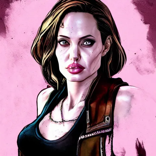 Image similar to angelina jolie portrait, borderlands, tales from the borderlands, the wolf among us, comic, cinematic lighting, studio quality, 8 k