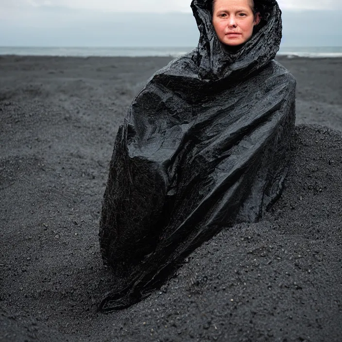 Image similar to closeup portrait of a woman wrapped in a plastic cloak, standing in a volcanic black sand beach, color photograph, by vincent desiderio, canon eos c 3 0 0, ƒ 1. 8, 3 5 mm, 8 k, medium - format print