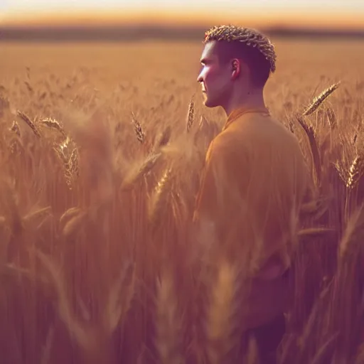 Image similar to kodak portra 4 0 0 photograph of a skinny blonde guy standing in a field of wheat, flower crown, back view, golden ratio, light leak, grain, moody lighting, telephoto, 9 0 s vibe, blurry background, vaporwave colors!, faded!,