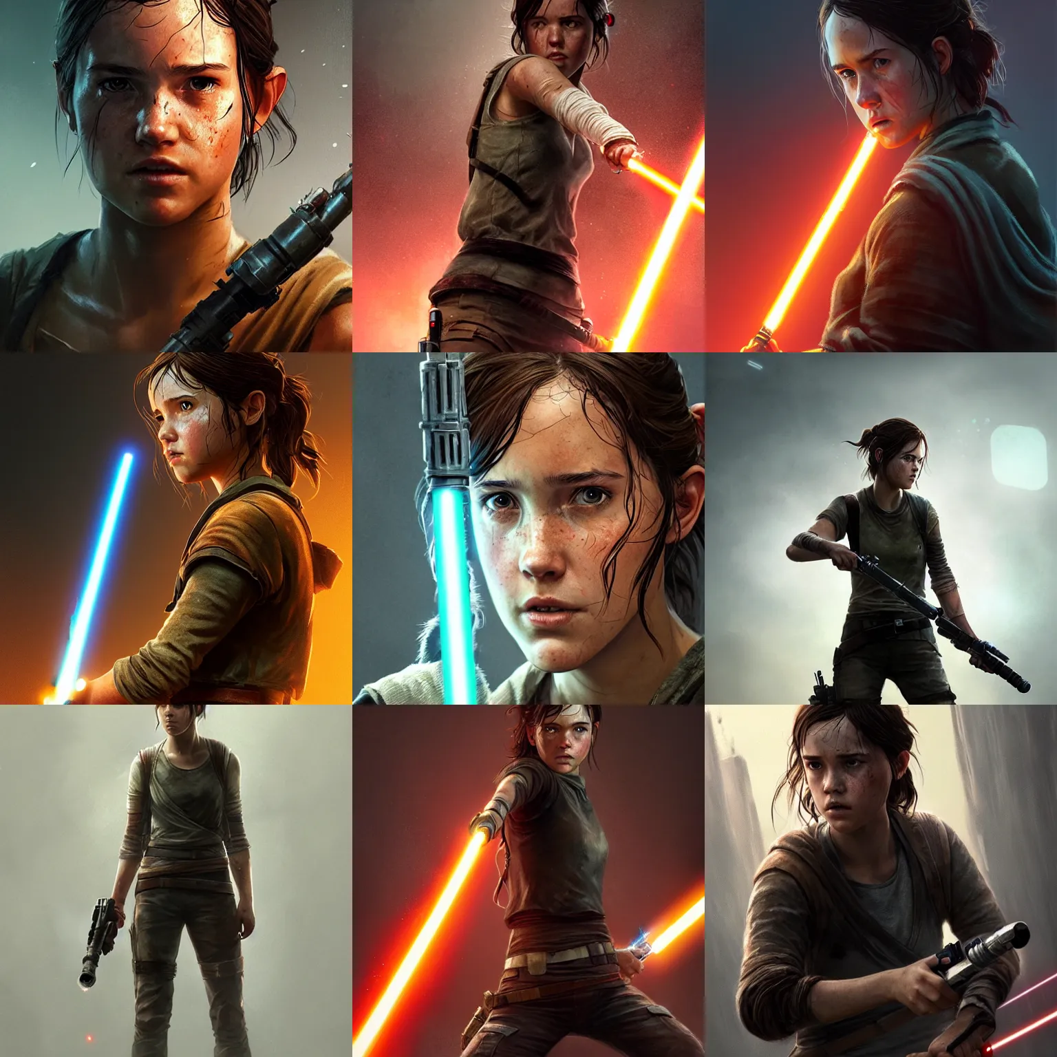 Prompt: Ellie from the Last of Us as Rey from Star Wars the Force Awakens, holding a lightsaber, digital portrait by Greg Rutkowski, intricate, sharp focus, cinematic, epic, artstation
