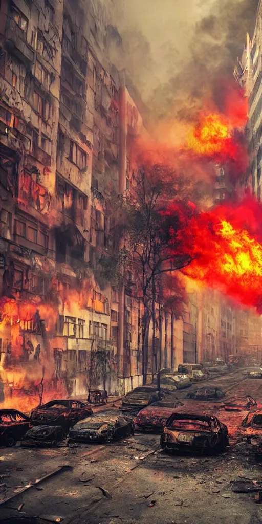 Image similar to post - apocalyptic kreuzberg streets covered in colorful smoke, burned cars, explosions, hyperrealistic, gritty, damaged, dark, urban photography, photorealistic, high details