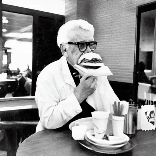 Image similar to An old vintage photograph of Colonel Sanders secretly eating a burger at McDonalds, 4k, highly detailed, photorealistic