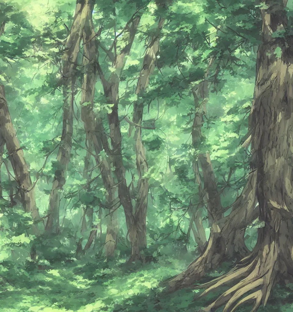 Image similar to a detailed digital painting in the style of anime of a forest