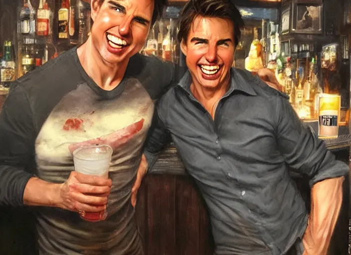 Image similar to hyper realistic tom cruise hanging out with tom cruise at a bar, all overly excited, jaw unhinged with laughter and smiling, all teeth, by greg rutkowski, scott m fischer, artgerm, loish, slight glow, atmospheric, anne stokes, alexandros pyromallis