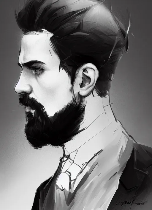 Image similar to portrait of Ernest Khalimov, thinking pose, sigma male, gigachad, medium black hair, Nordic crown, black luxurious suit, fantasy, elegant, realistic, highly detailed, digital painting, artstation, concept art, smooth, sharp focus, illustration, art by artgerm and greg rutkowski and alphonse mucha, black and white, devoid of color