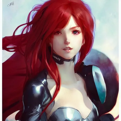 Image similar to a cool red - bun - haired anime girl. she is dressed as a superhero. clean elegant painting, beautiful detailed face. by artgerm and greg rutkowski and alphonse mucha