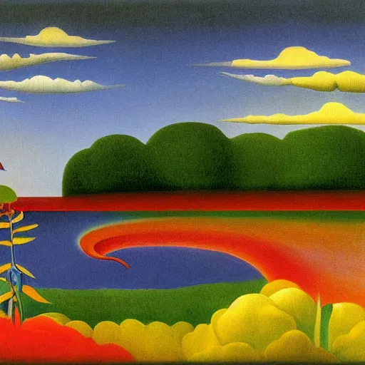 Prompt: Two Alicorns iwth rainbow wings flying over a lake, artwork by Henri Rousseau