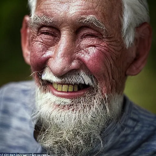 Image similar to an old man who has grown the world\'s longest human teeth, so long they have started to curl around