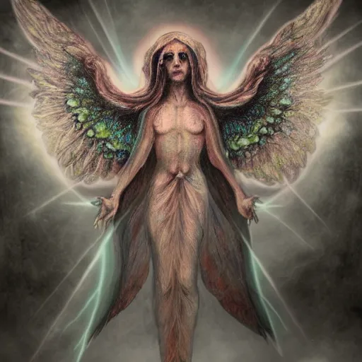 Image similar to giant imposing seraphim with many eyes and many wings, eyes everywhere, glowing, terrifying