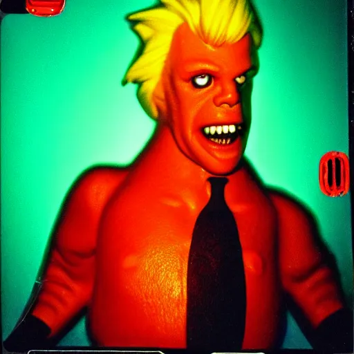 Image similar to gary busey creature, 9 0 s toy commercial, photo from the 7 0 s, horror lighting, neon lighting, polaroid photo,