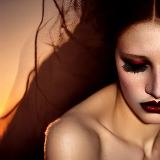 Prompt: photographic portrait of a stunningly beautiful renaissance female, dark lips and eye shadow, in soft dreamy light at sunset, god rays, contemporary fashion shoot, by edward robert hughes, annie leibovitz and steve mccurry, david lazar, jimmy nelsson, breathtaking, 8 k resolution, extremely detailed, establishing shot, artistic, hyperrealistic, perfect face, octane render