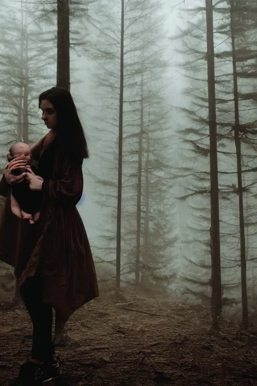 Prompt: a cinematic photo of a young woman with dark hair holds a baby in a dark, foggy forest, closeup, masterpiece