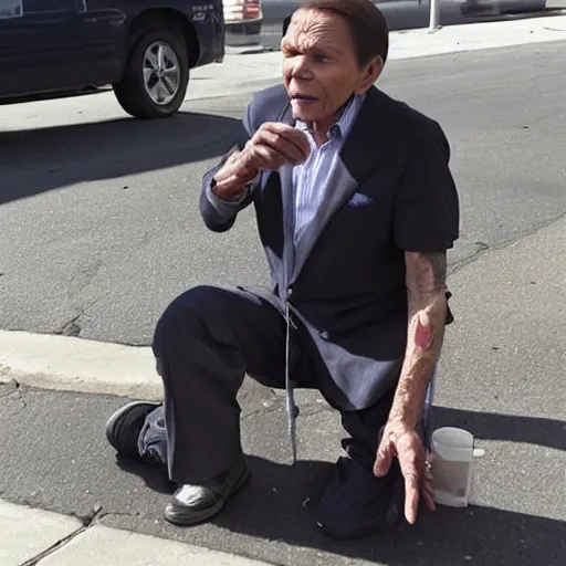 Image similar to kenneth copeland begging on the street of la, homeless, looking sad