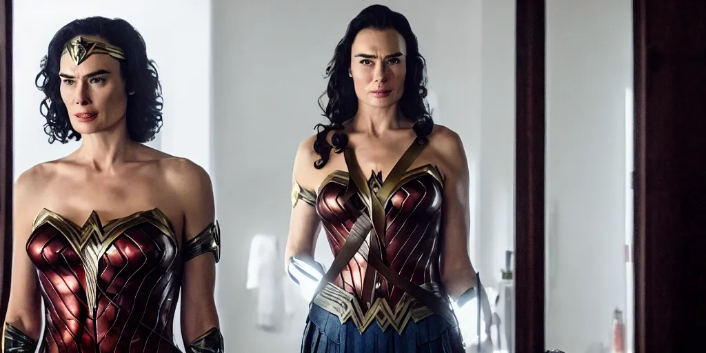 Image similar to ultra wide angle photo of lena headey dressed in a white blouse and black dress pants as diana prince looking at herself in a bathroom mirror and seeing her reflection as wonder woman