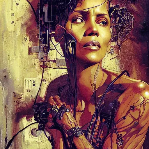 Prompt: halle berry as a cyberpunk noir detective, skulls, wires cybernetic implants, machine noir grimcore, in the style of adrian ghenie esao andrews jenny saville surrealism dark art by james jean takato yamamoto and by ashley wood and mike mignola