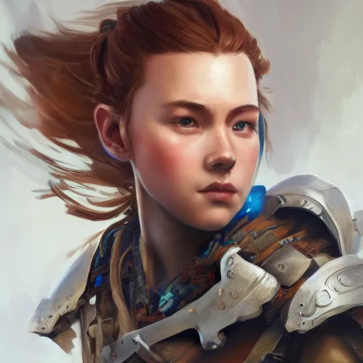 Image similar to Aloy from Horizon: Zero Dawn, half body portrait, videogame cover art, highly detailed, digital painting, artstation, concept art, smooth, detailed armor, sharp focus, beautiful face, illustration, art by Artgerm and greg rutkowski and alphonse mucha