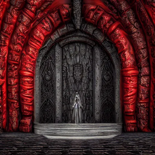 Image similar to hyper realistic photography of a highly detailed archangel in front of hell's gate. complex architecture, blood drops on the walls. dark background. high details, trending on artstation, digital illustration 4 k no blur