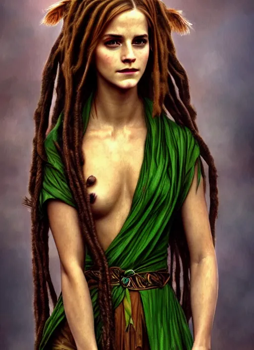 Image similar to redskin emma watson as druidess, long dreadlocks, brown and green cloth, shiny background, intricate, elegant, highly detailed, digital painting, artstation, concept art, smooth, sharp focus, illustration, artgerm, bouguereau