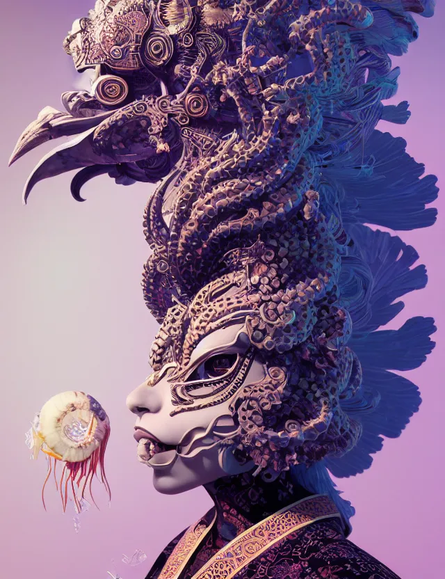 Image similar to 3 d goddess in robe close - up profile portrait with ram skull. beautiful intricately detailed japanese crow kitsune mask and clasical japanese kimono. betta fish, jellyfish phoenix, bio luminescent, plasma, ice, water, wind, creature, artwork by tooth wu and wlop and beeple and greg rutkowski