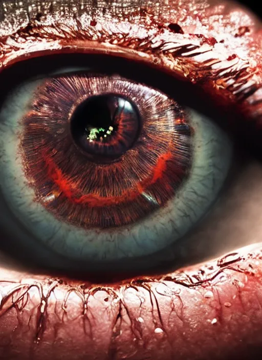 Prompt: Hyper realistic and detailed humongous eyeball isolated in a back background made of a translucent, semi-transparent, and crystalline material with blood fibers, nerves and muscles, unreal engine, octane render, 8K, extreme detail resolution, trending on ArtStation, chiaroscuro, by David Cronenberg, Raphael, Caravaggio