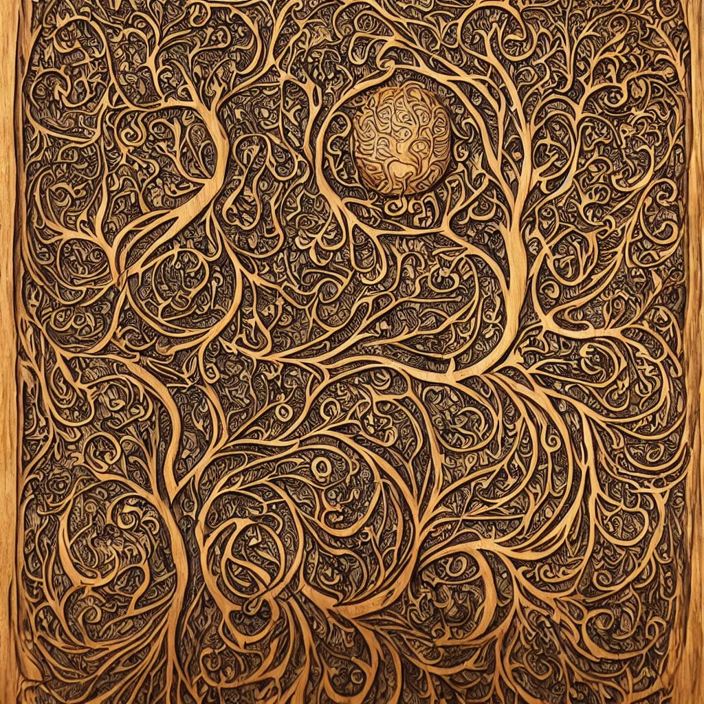 Image similar to wood relief carving of world tree, tree of life, yggdrasil, stygian, evil, shoggoth + exquisite, ornate, intricately carved, fractal, tarot, intricate details, art deco, hokusai, mohrbacher, alphonse mucha, photo realistic, redshift, spotlight